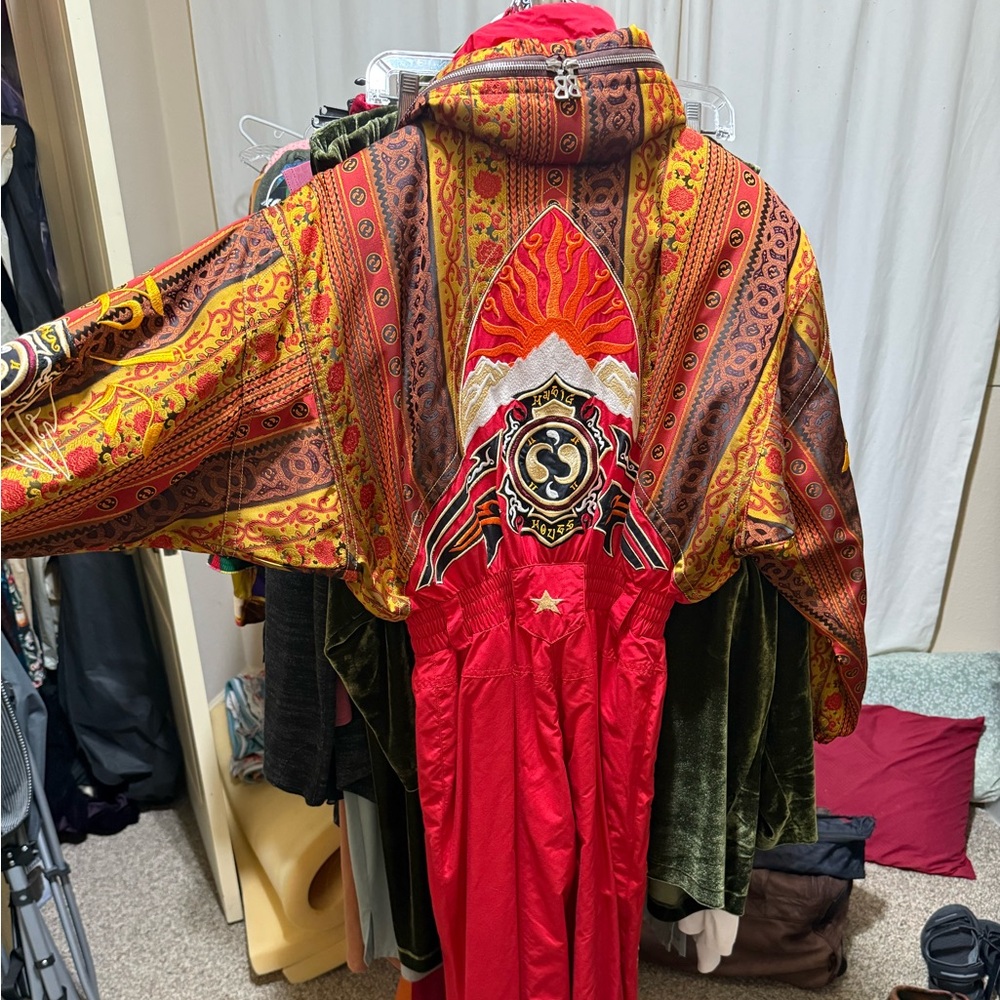 Eclectic Vibrant Red & Gold Ski Suit. stand out on the slopes or winter party